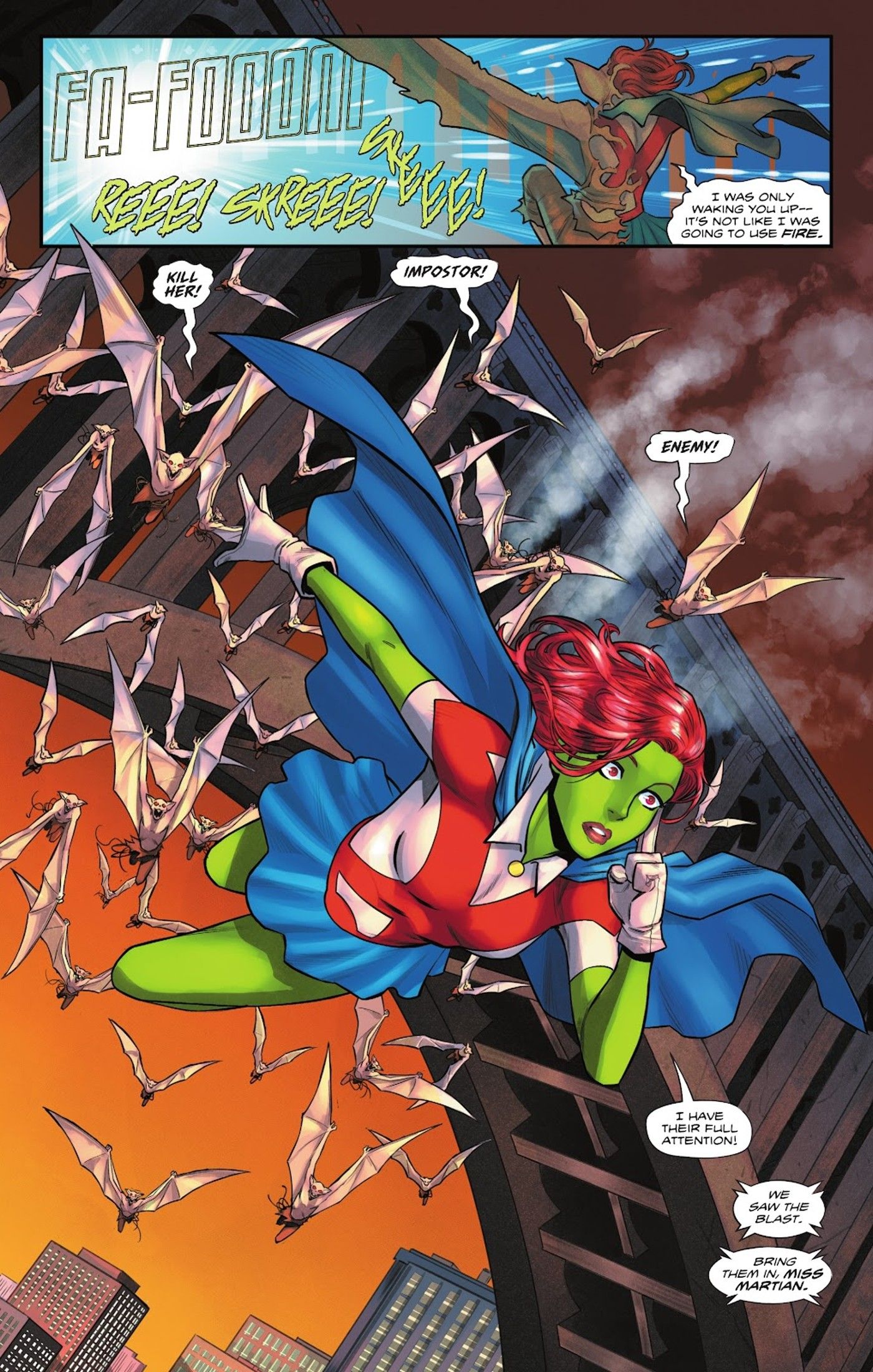 Comic book page: Miss Martian chased by vampires while talking to Black Canary and Green Arrow