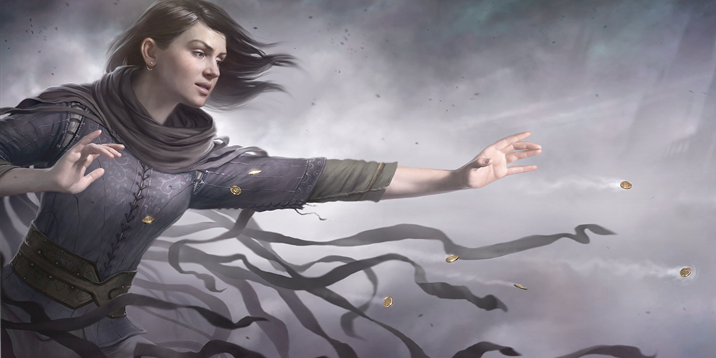 Artwork of Vin from Mistborn wearing her Mistcloak and reaching out while coins float around her