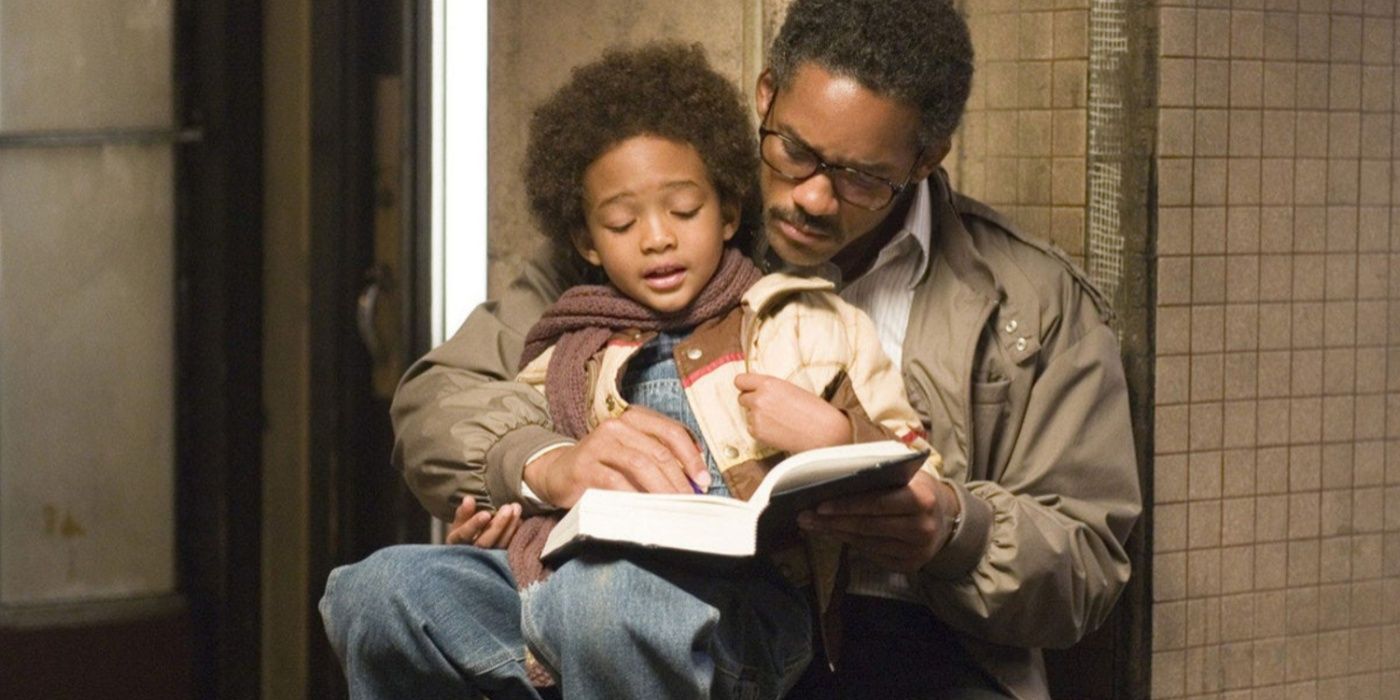 Chris (Will Smith) and Carl Jr. (Jaden Smith) reading a book in The Pursuit of Happyness