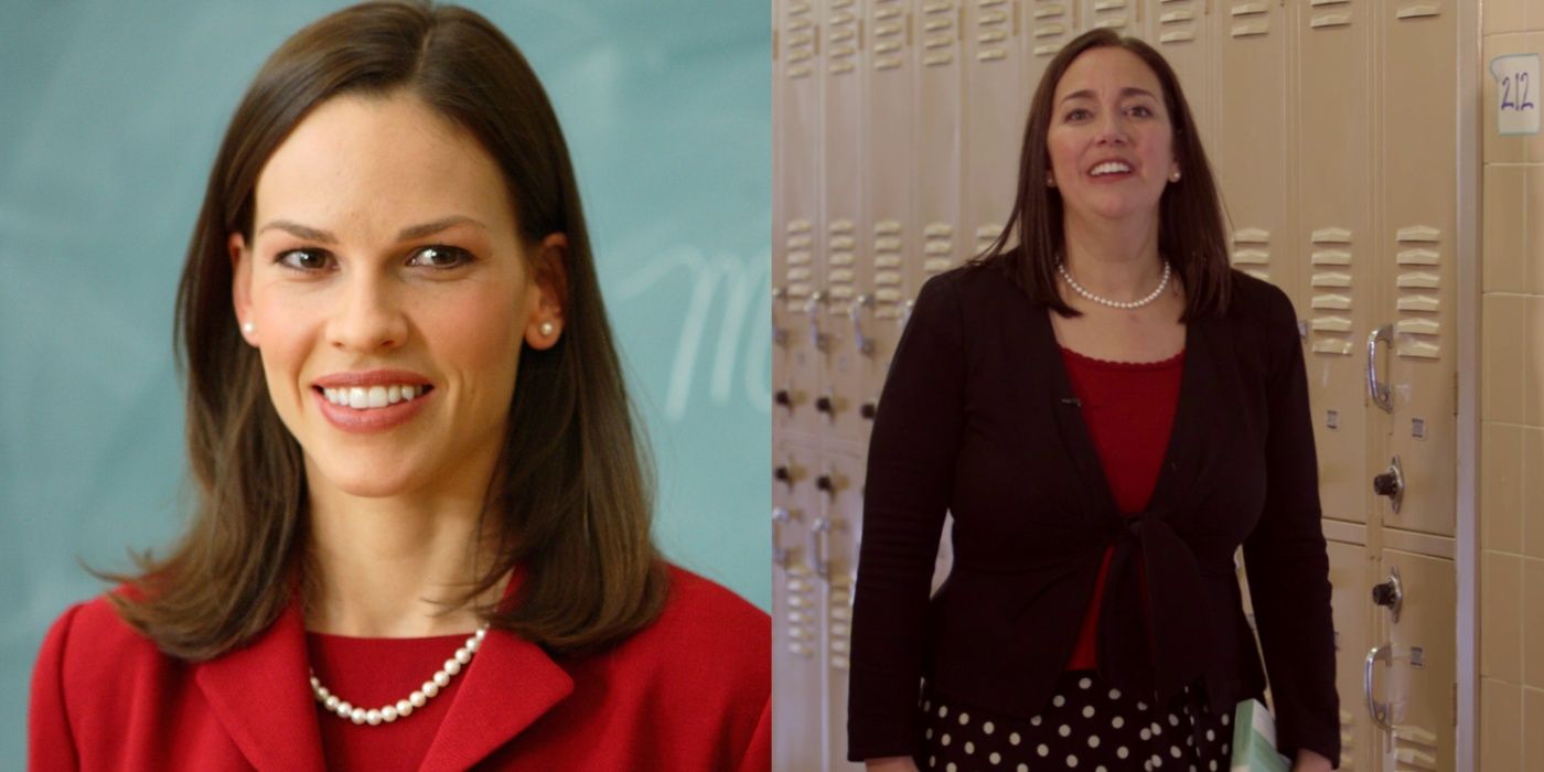 Split image of Hilary Swank as Erin Gruwell in Freedom Writers and the real Erin Gruwell on PBS, both wearing red tops and pearls
