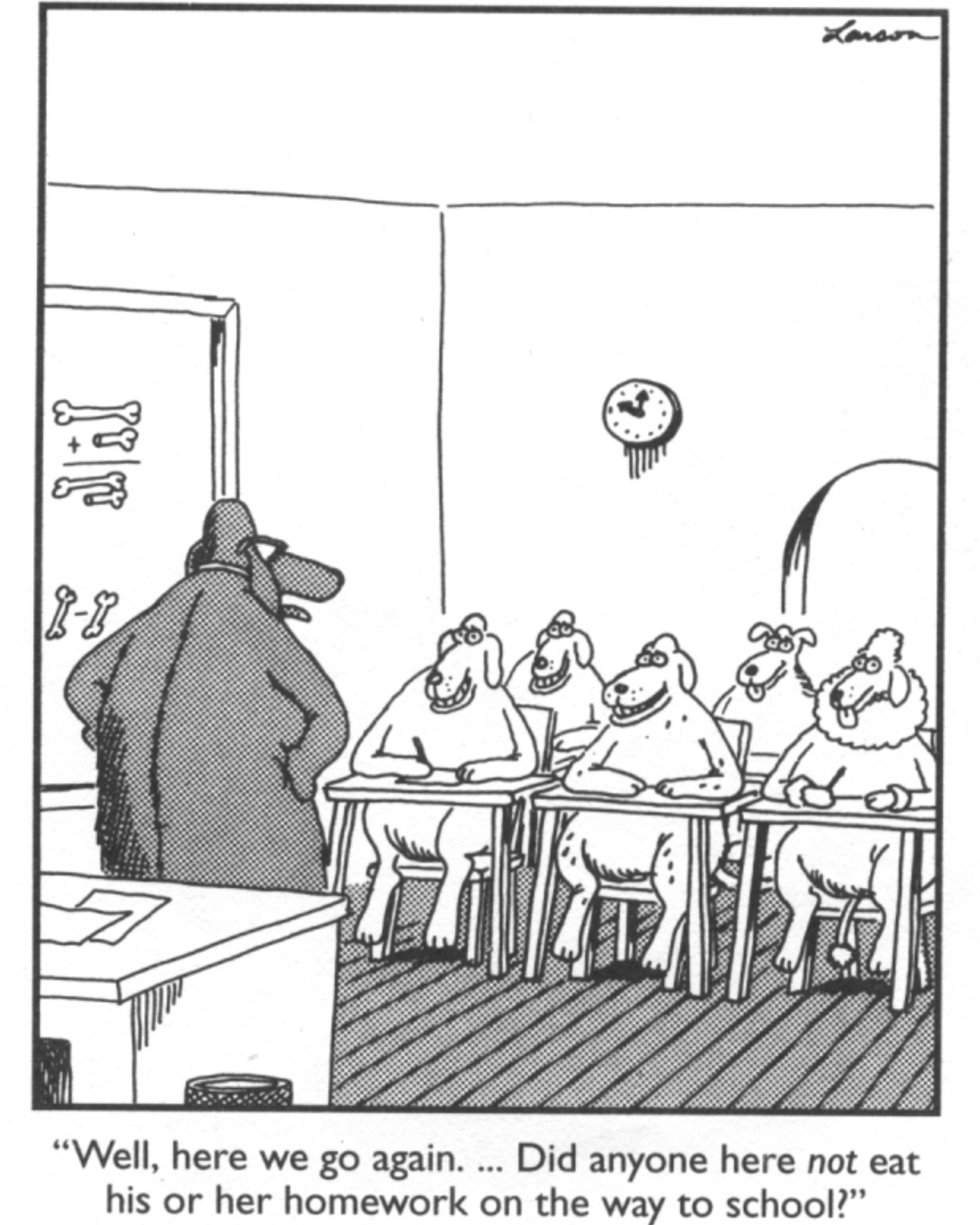 Far Side: all of the dog students ate their own homework