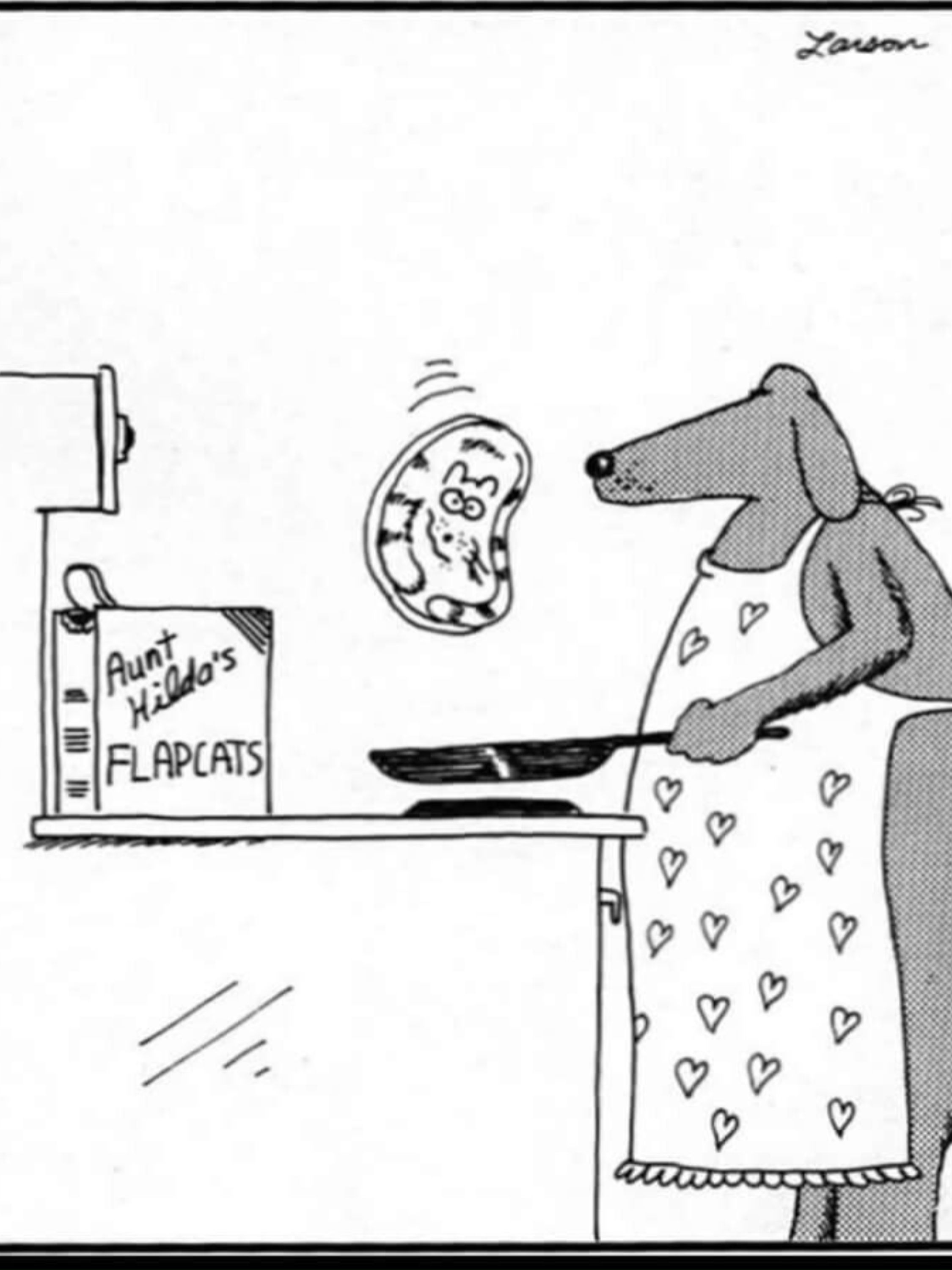 Far Side: A dog flipping a cat in the shape of a pancake in The Far Side.