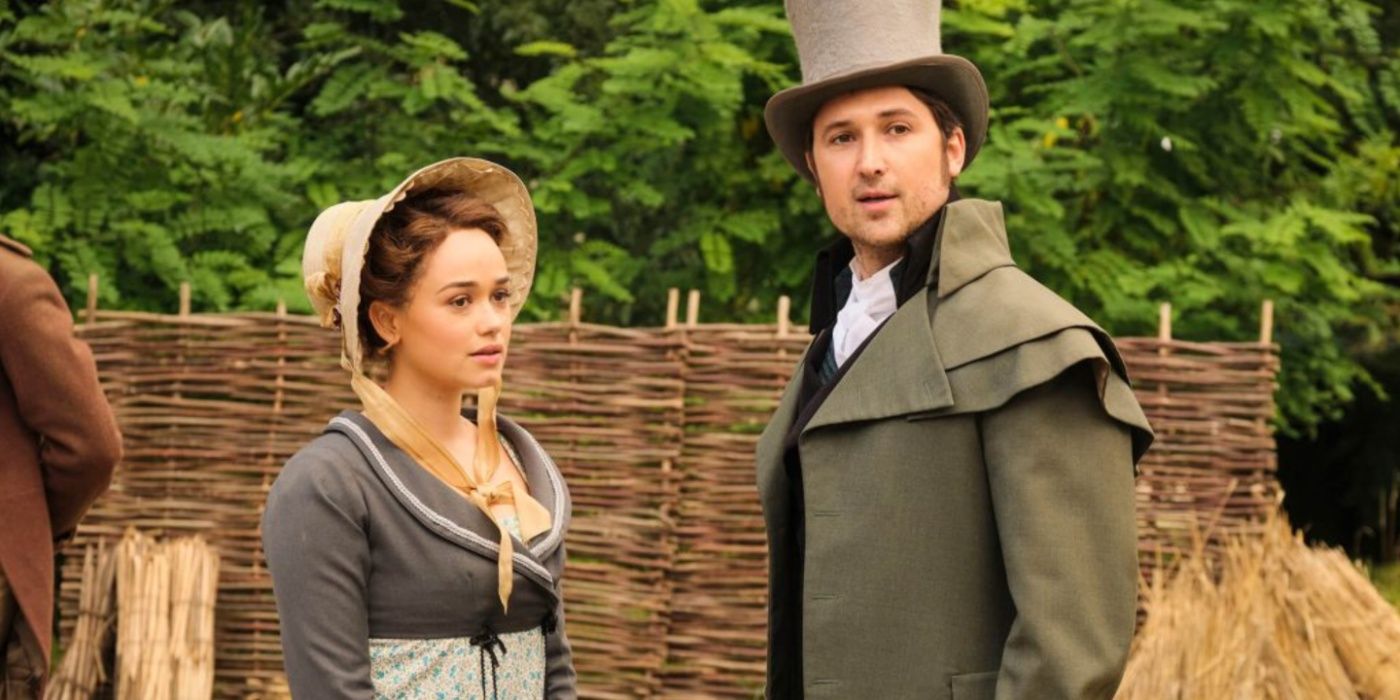 Charlotte (Rose Williams) and Charles (Alexander Vlahos) in a field in Sanditon season 3