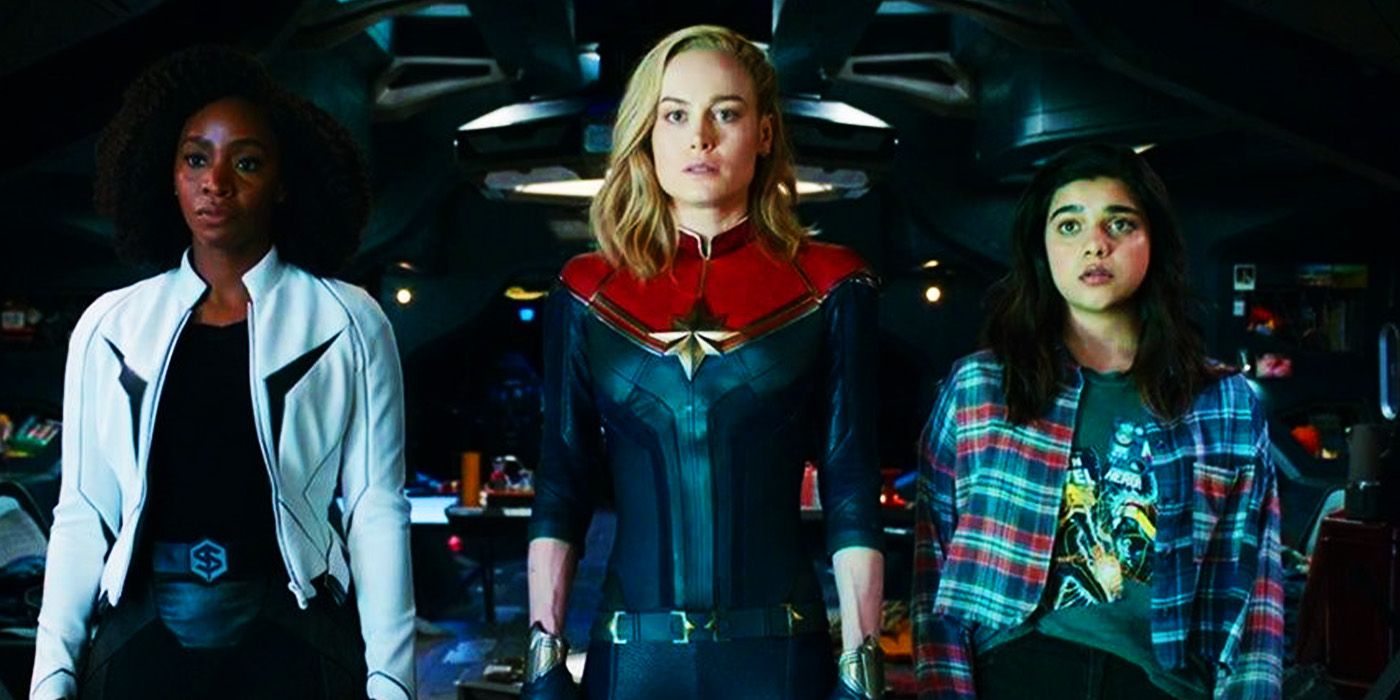 Monica Rambeau (Teyonah Parris), Carol Danvers (Brie Larson) and Kamala Khan (Iman Vellani) look concerned in 2023's The Marvels