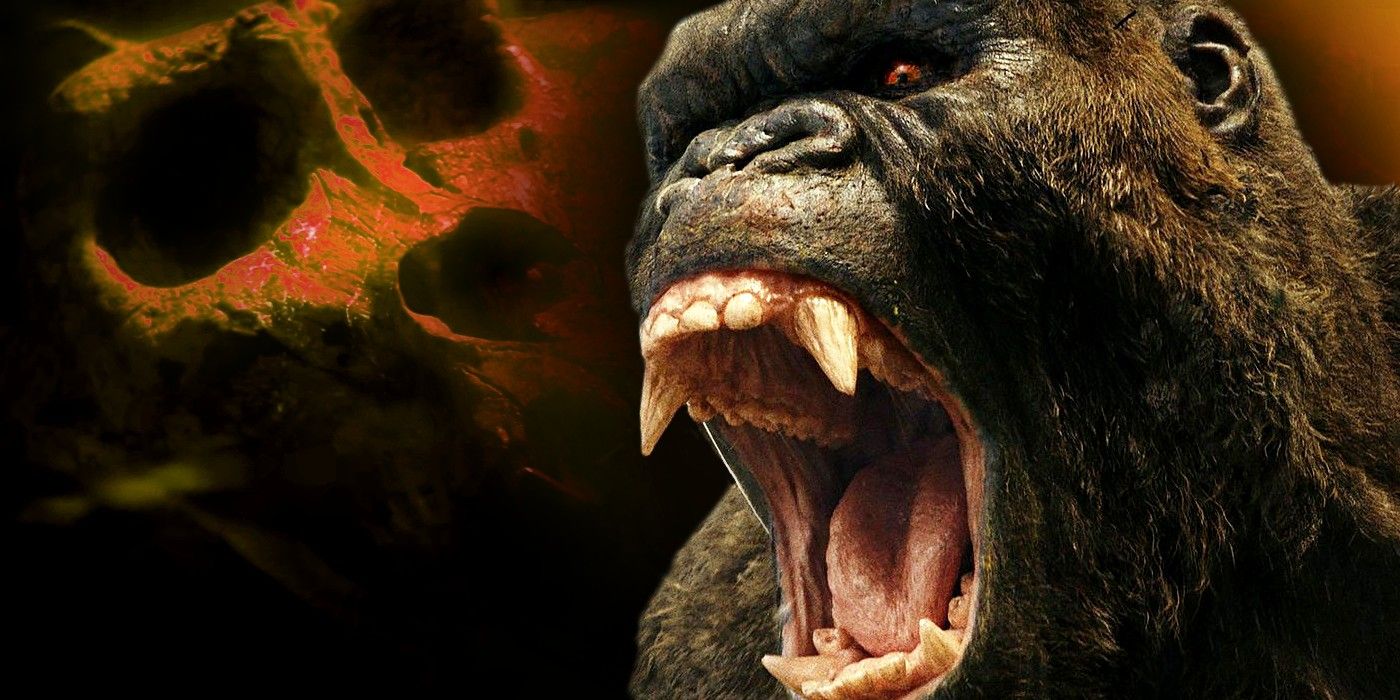monsterverse king kong roars over an orange ape skull