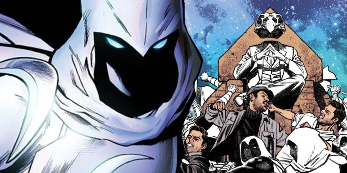 Moon Knight next to Khonshu sitting above a bunch of other Moon Knight personas