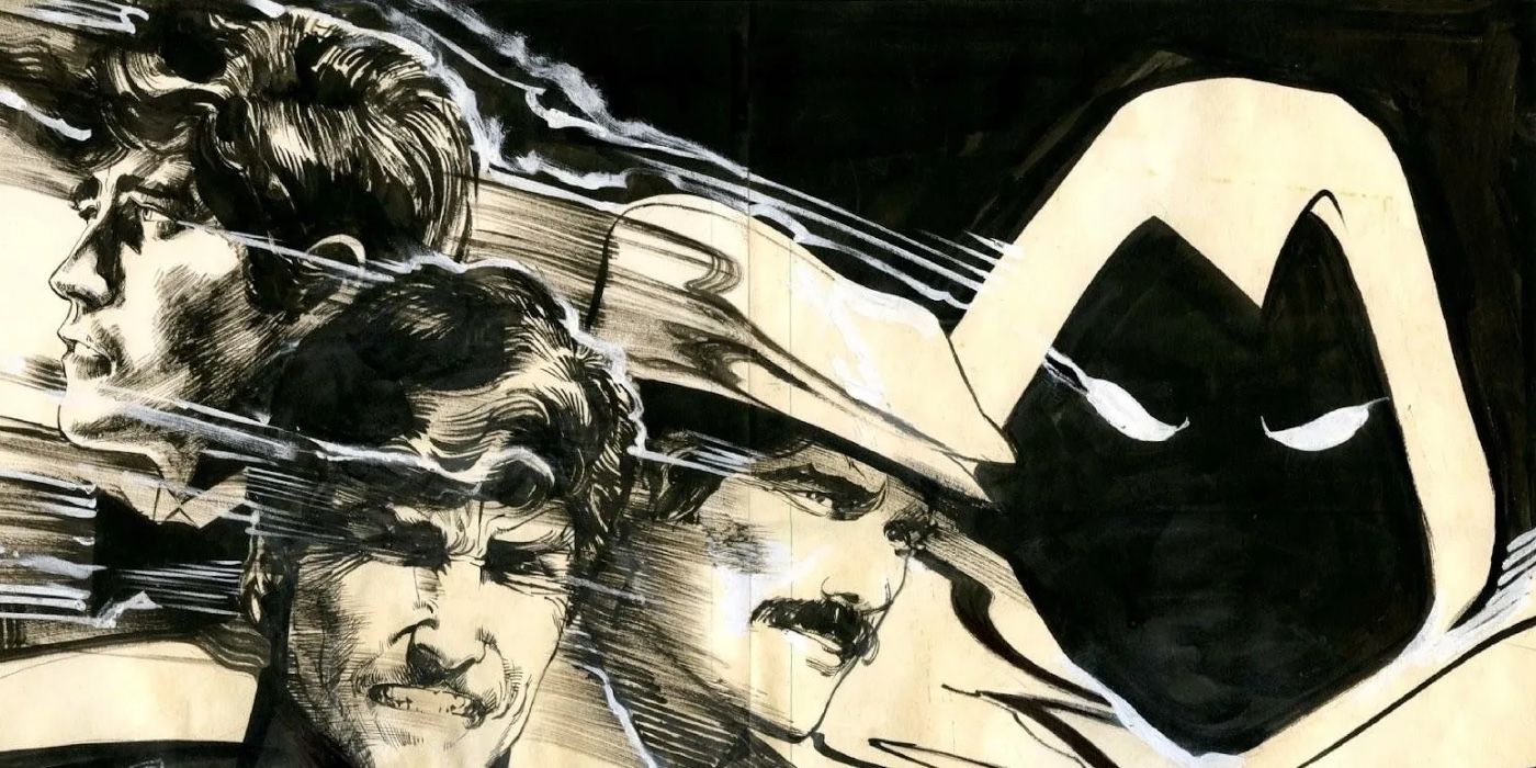 Moon Knight next to his three personalities that look like smoke wisps