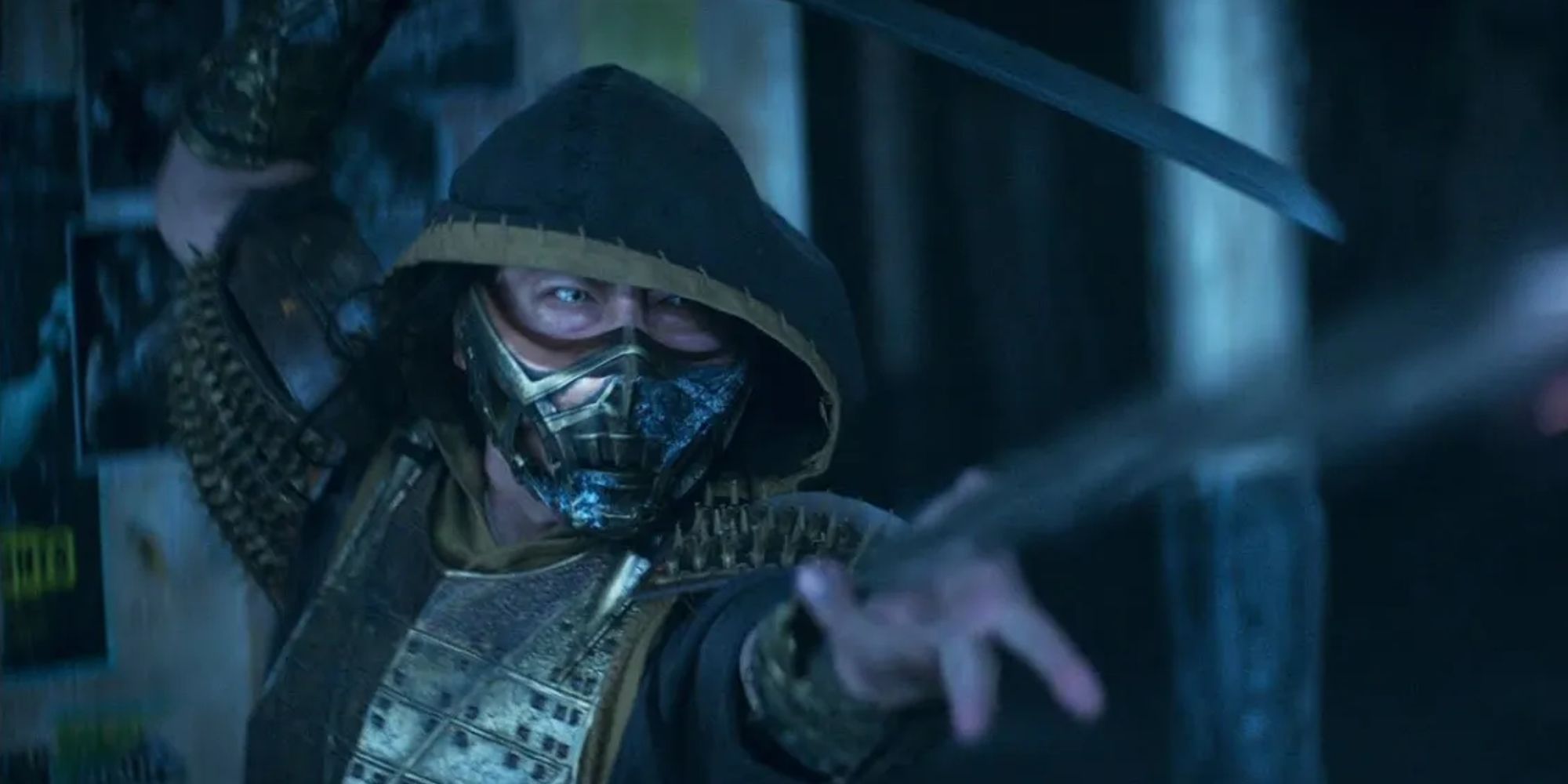 Hiroyuki Sanada as Scorpion using his signature weapon in Mortal Kombat