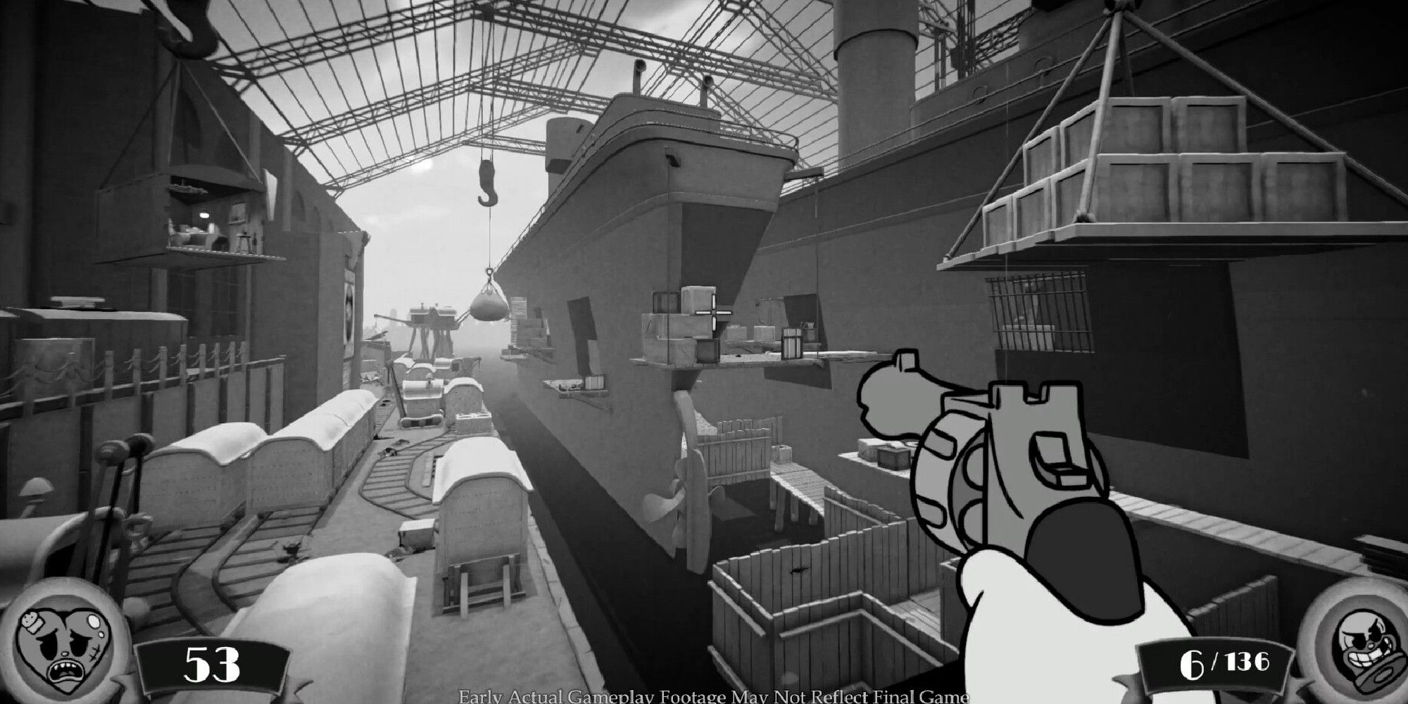 Old Mickey Mouse cartoon graphics showing a black-and-white world, first-person view, with a hand aiming a gun