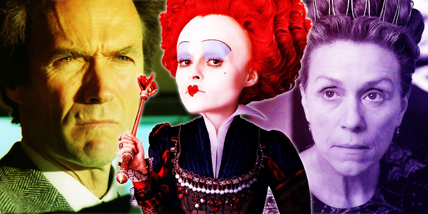 Collage of Clint Eastwood as Harry Callahan in the Dirty Harry movie Sudden Death, Helena Bonham Carter as The Red Queen in Tim Burton's Alice in Wonderland, and Frances McDormand as Lady Macbeth in the Coen brothers movie The Tragedy of Macbeth