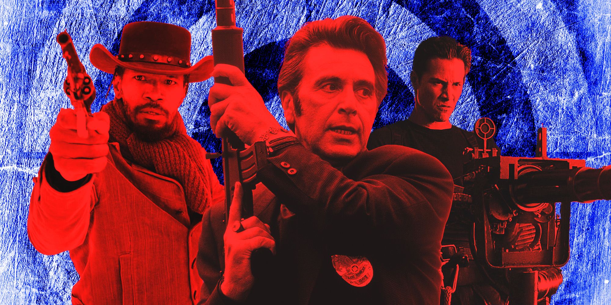 Composite image of Jamie Foxx in Django Unchained, Al Pacino in Heat and Keanu Reeves in The Matrix.