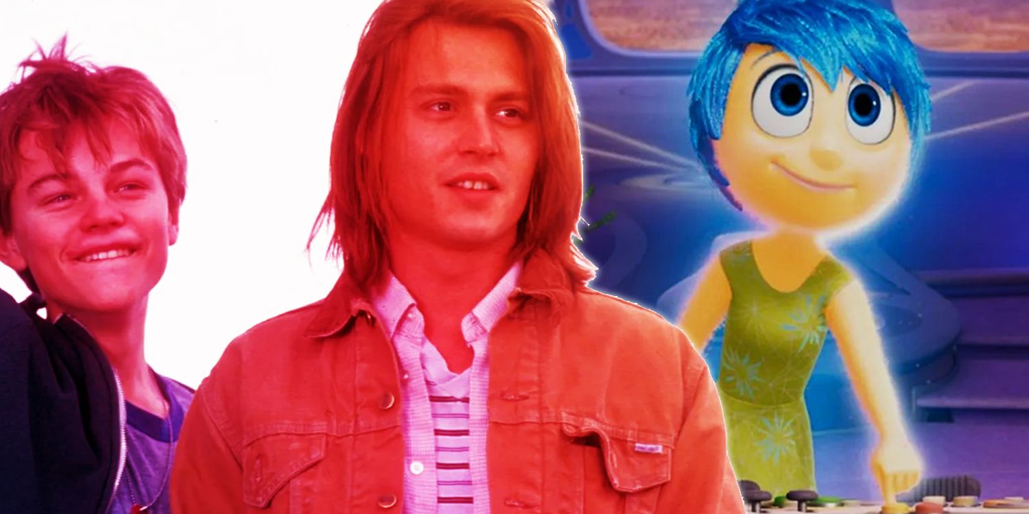 Collage of Arnie (Leonardo DiCaprio) and Gilbert (Johnny Depp) in What's Eating Gilbert Grape, with Joy (Amy Poehler) in Inside Out