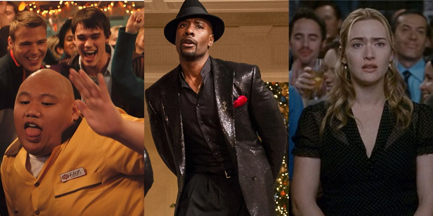 Side by side images feature Jacob Batalon and other teenagers in Let It Snow, Morris Chestnut in The Best Man Holiday, and Kate Winslet in The Holiday