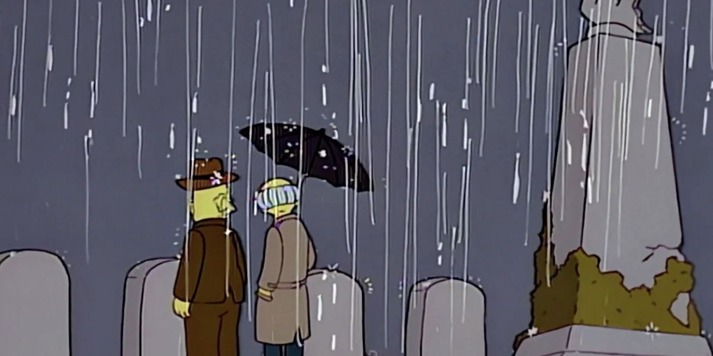 Mr Burns and Grampa seen from behind in a rainy graveyard in The Simpsons