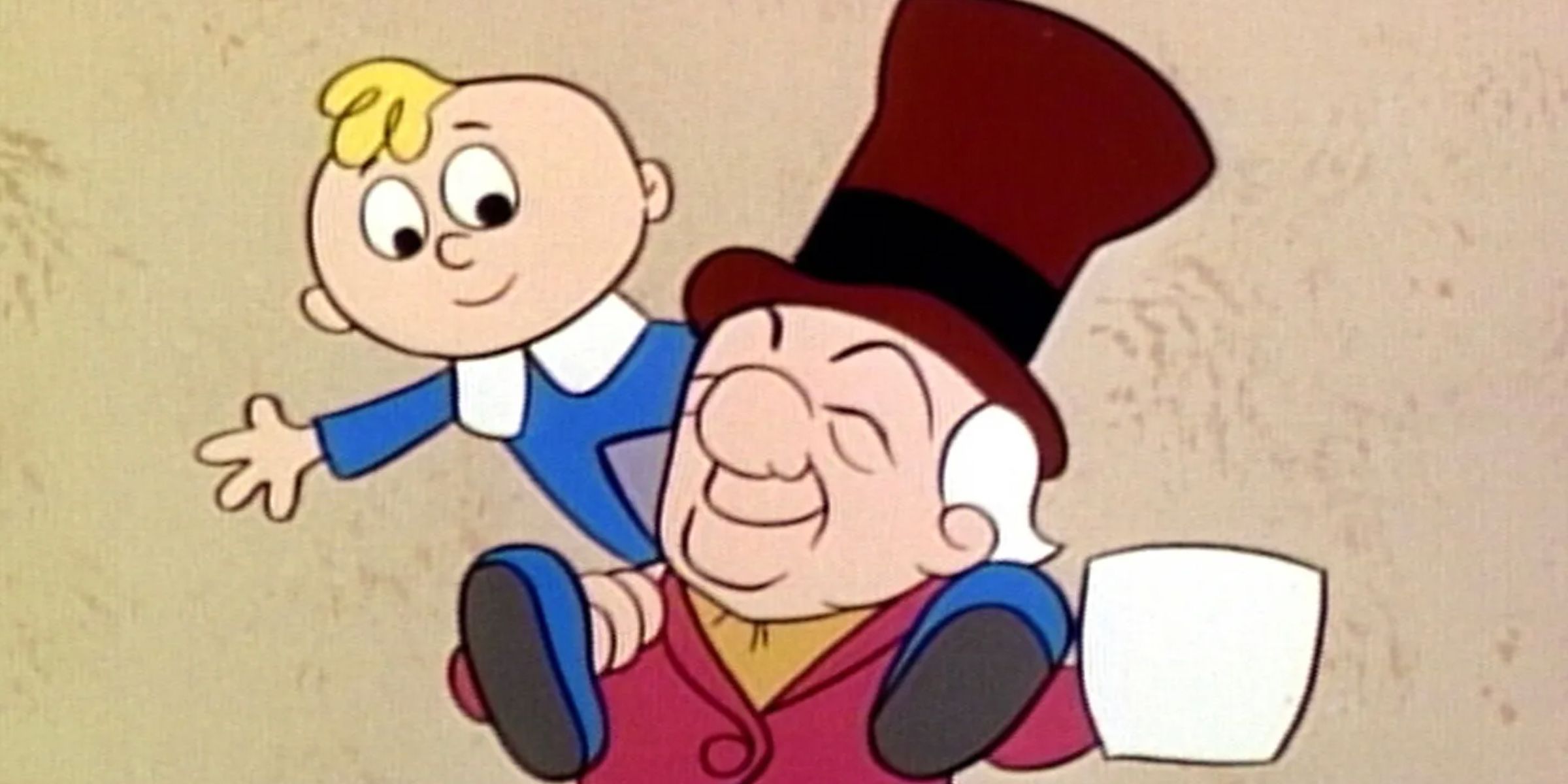 Mr. Magoo holds a small child on his shoulders in Mr. Magoo's Christmas Carol animated special