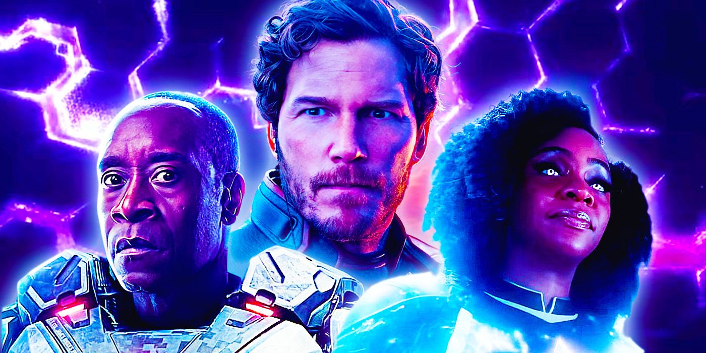 A split image of Rhodey, Star-Lord, and Monica Rambeau in the MCU