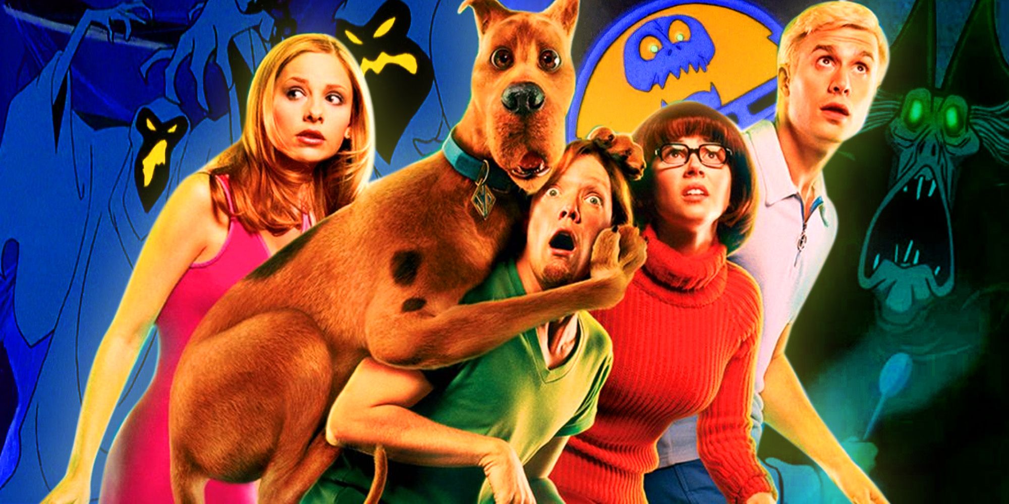 Mystery Inc gang and Scooby-Doo looking scared with cartoon ghosts and monsters behind them