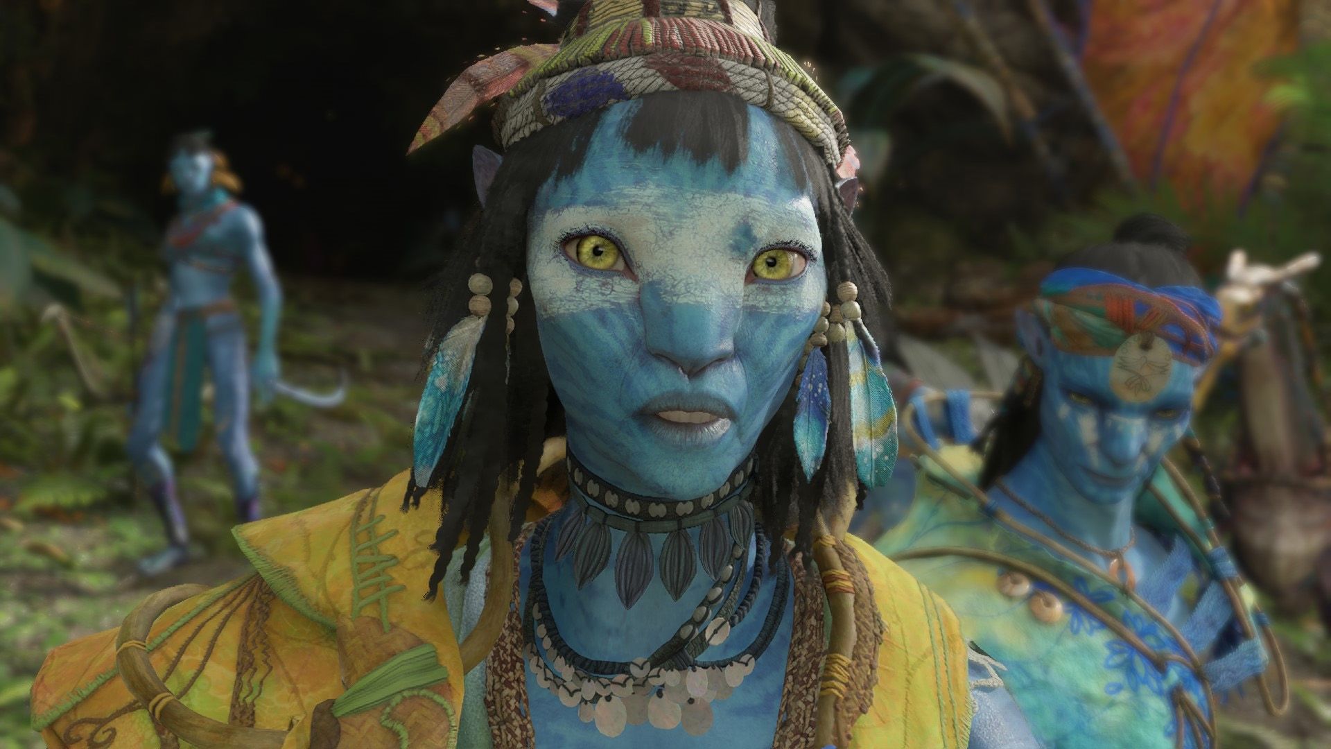 A Na'vi character looking directly at the camera in Avatar: Frontiers of Pandora.