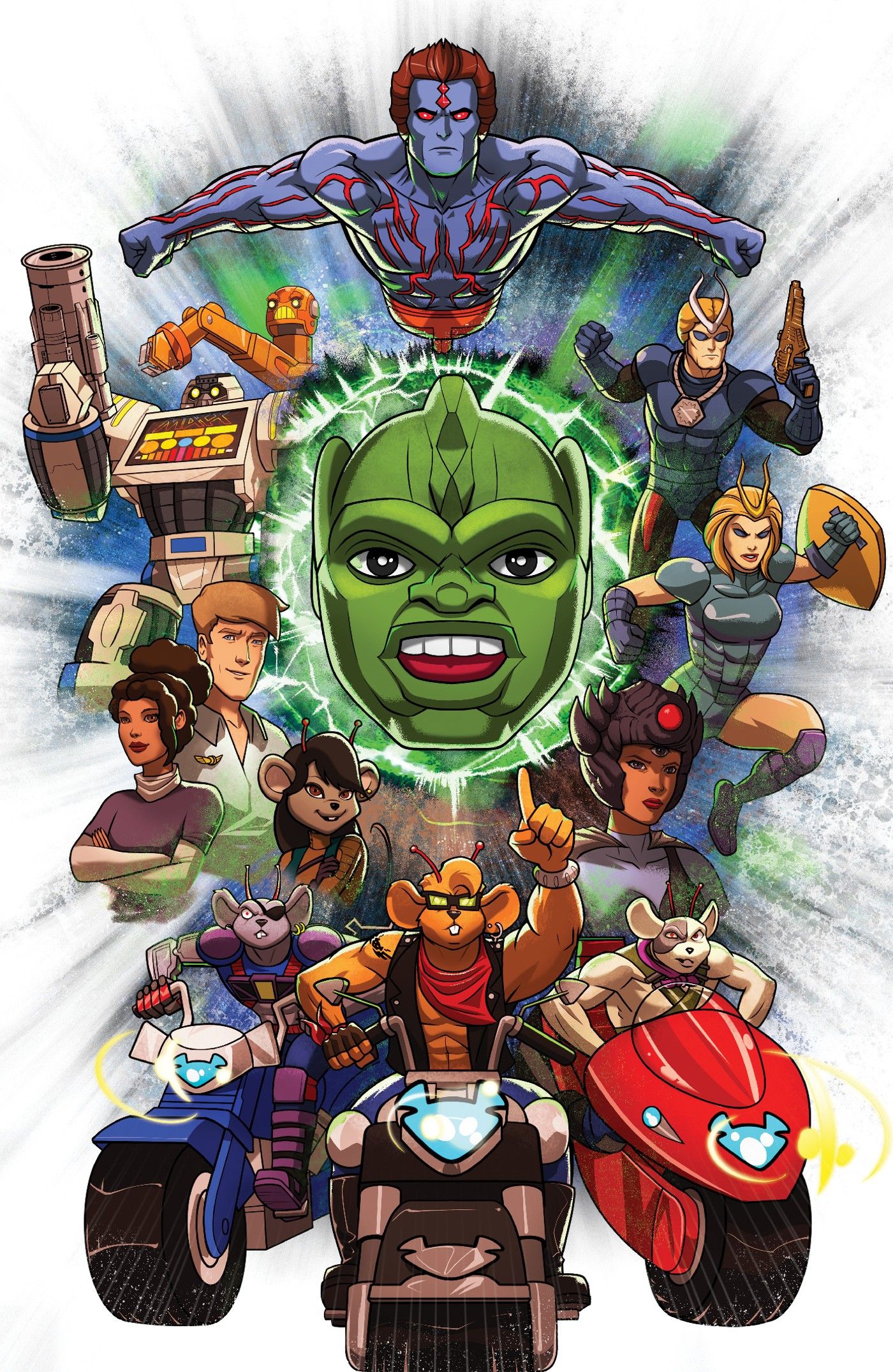 Nacelleverse #0 cover, featuring a collage of nostalgic characters including Sectaurs and Biker Mice From Mars.