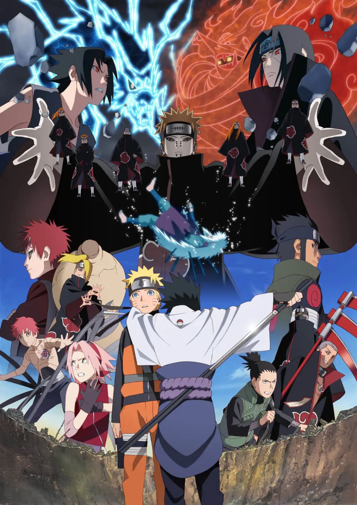 Image shows key moments and characters from the first half of Naruto Shippuden after the time skip, including Naruto and Sasuke's first reunion, Sasuke against Itachi, and Akatsuki.