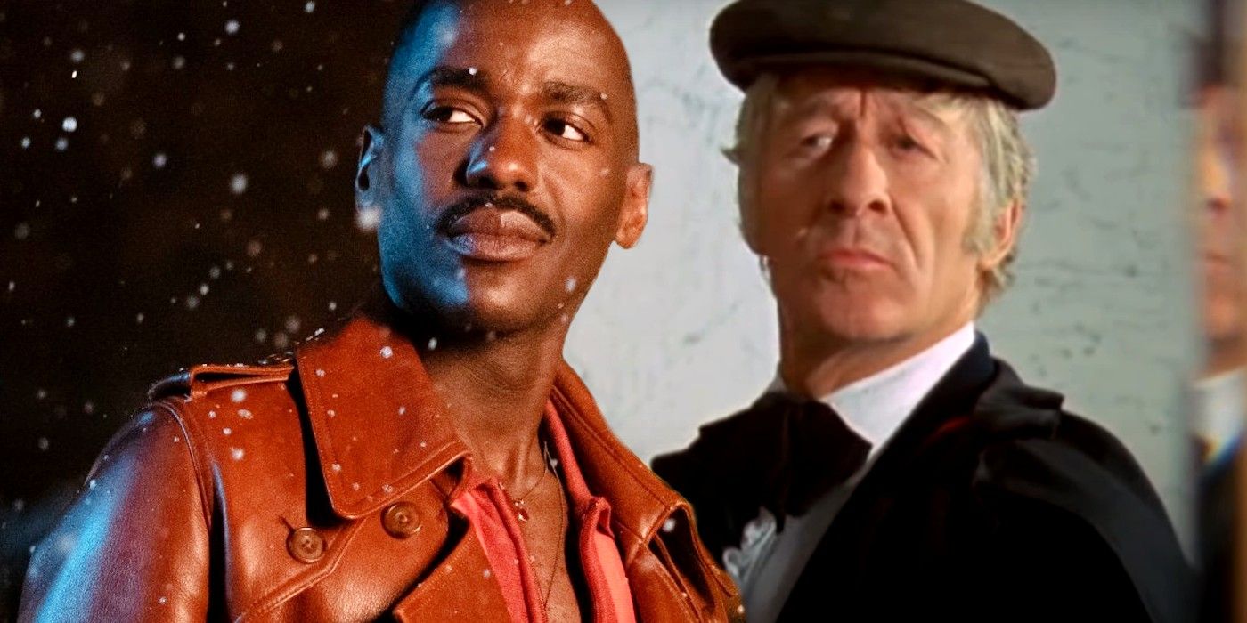Ncuti Gatwa as the Fifteenth Doctor in Doctor Who 2023 Christmas special and Jon Pertwee's Third Doctor looking in a mirror