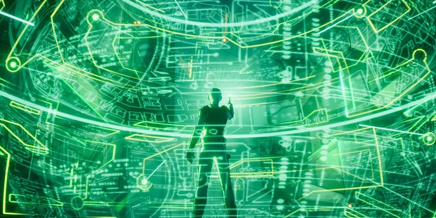 Nebula standing in a projection of Xandar’s shield codes in What If…? season 2, episode 1