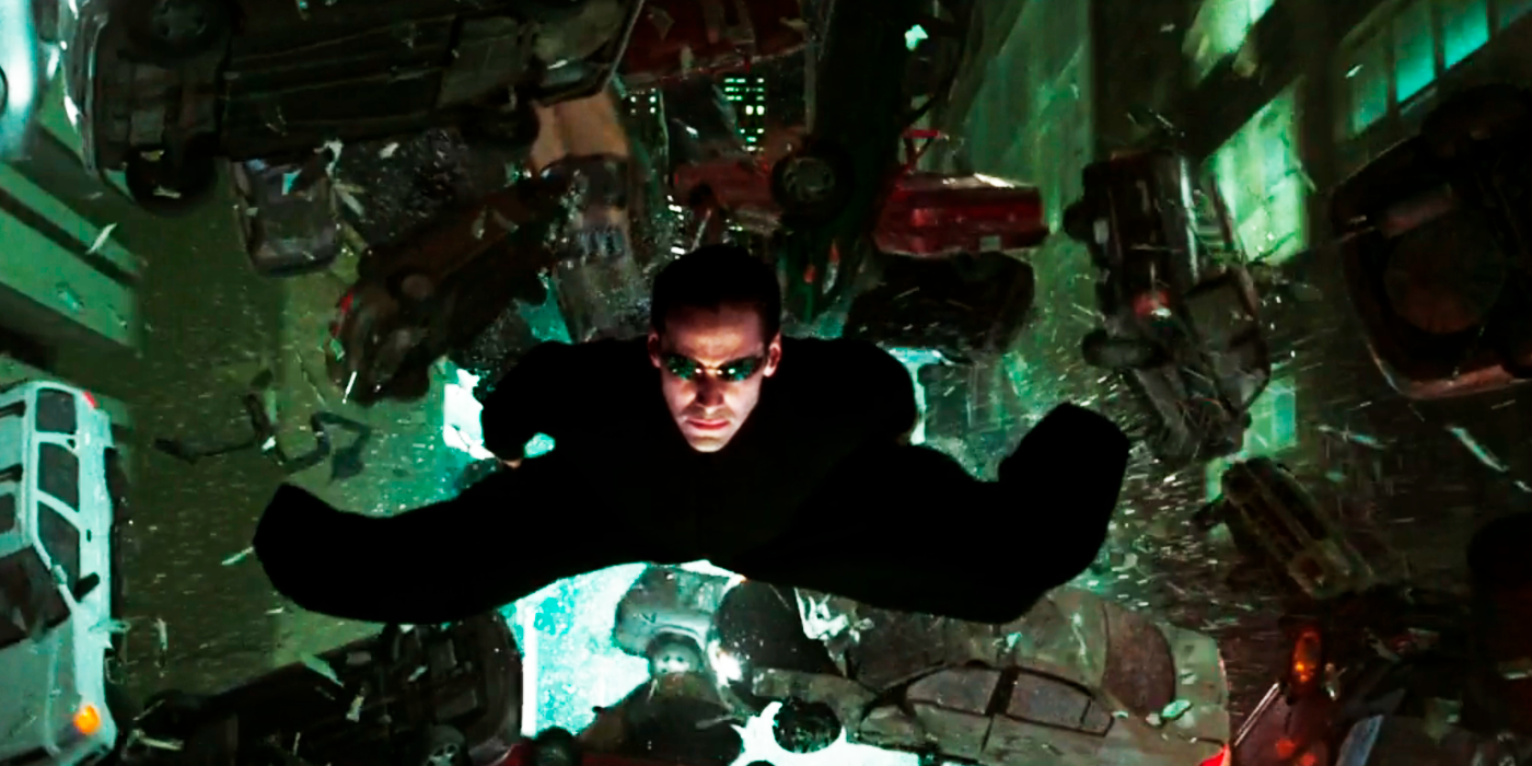 Neo flying through Edge City and creating a vortex of chaos behind him to rescue a dying Trinity in The Matrix Reloaded