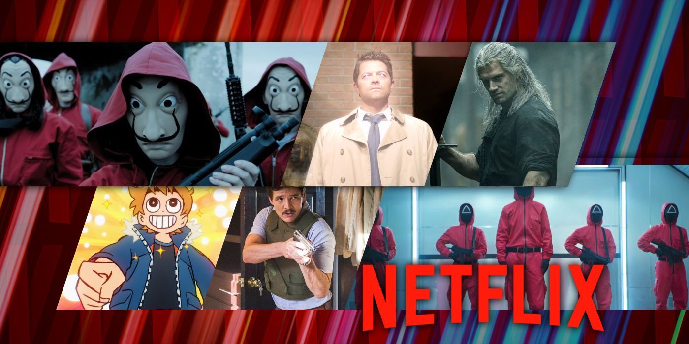 La imagen personalizada presenta personajes de las series de acción Money Heist, Supernatural, The Witcher, Scott Pilgrim, Narcos y Squid Game en Netflix.