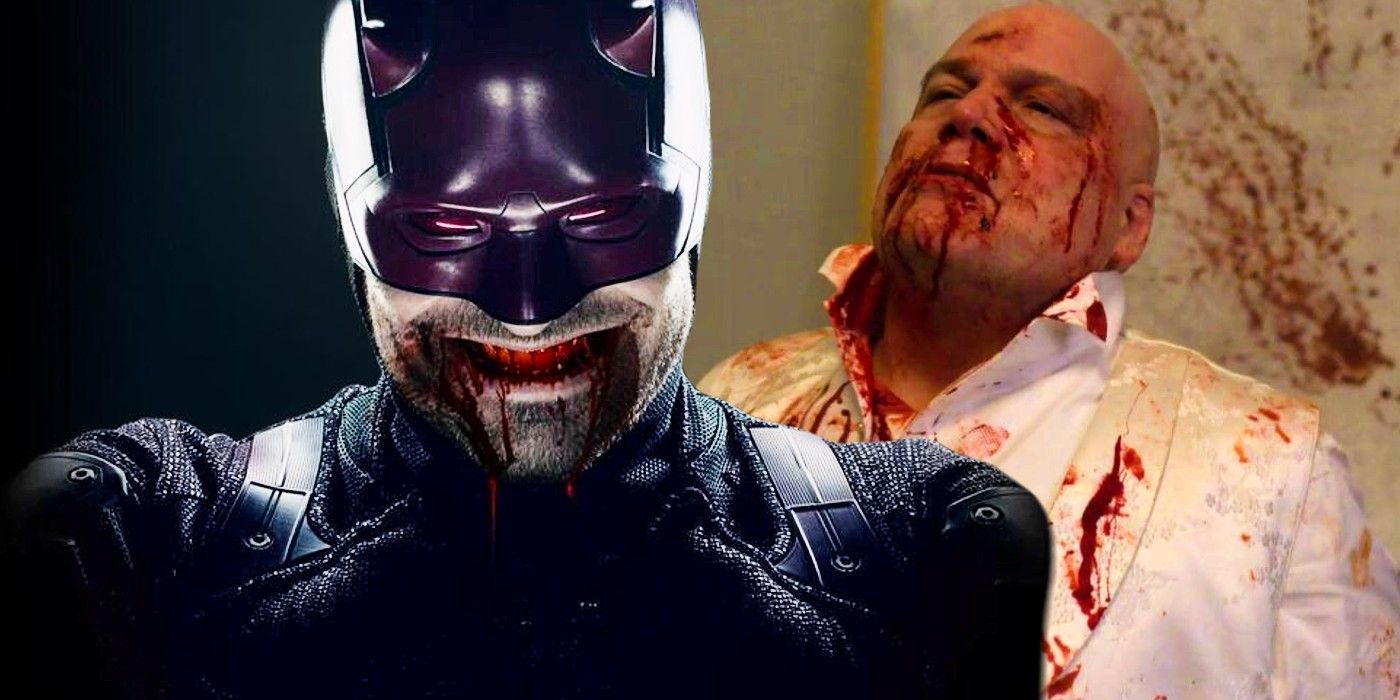 Custom image of a Netflix Daredevil poster of Charlie Cox&rsquo;s Daredevil with blood on his grinning teeth and Vincent D&rsquo;Onofrio&rsquo;s Kingpin all bloody in a white suit