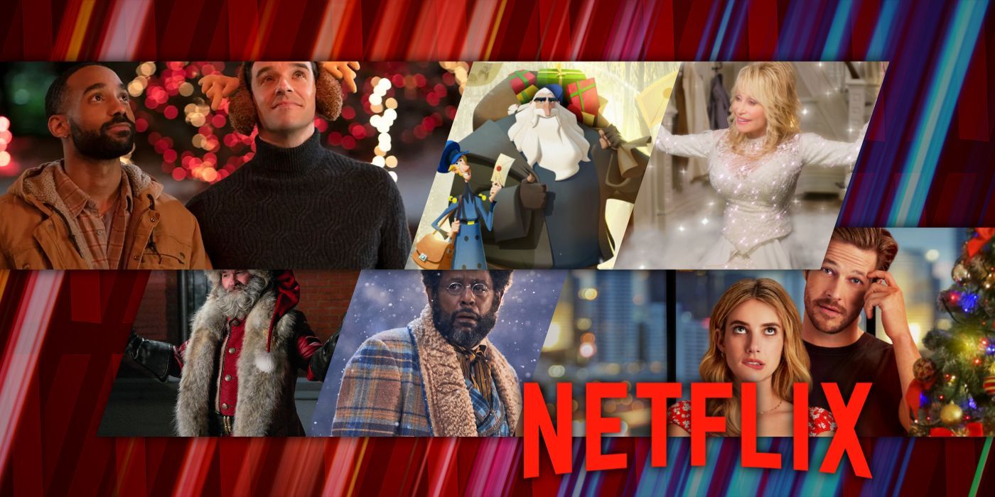 A blended image features the Netflix logo along with characters from the Christmas movies Holidate, Jingle Jangle, Christmas in the Square, Klaus, Christmas Chronicles, and Single All The Way