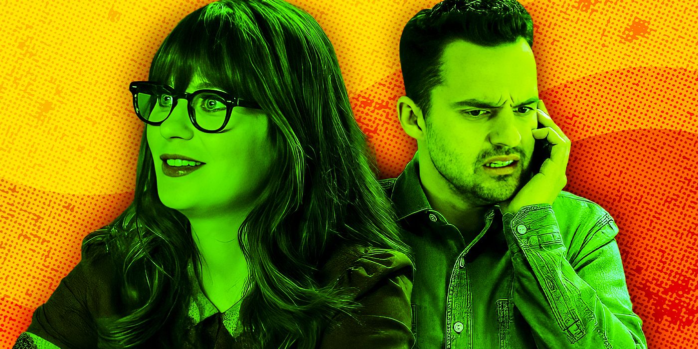 Composite image of Jess and Nick from New Girl, tinted green against an orange background.