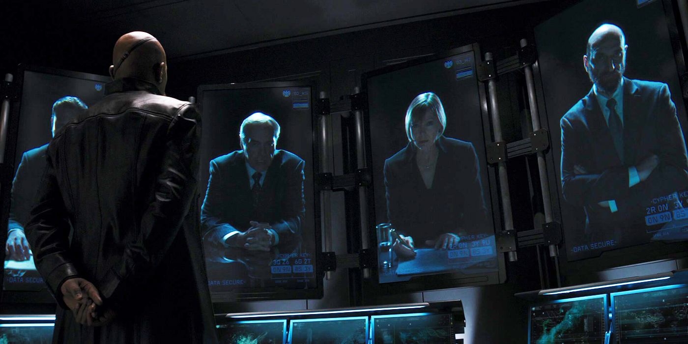 Samuel L Jackson as Nick Fury talking to the World Security Council in The Avengers