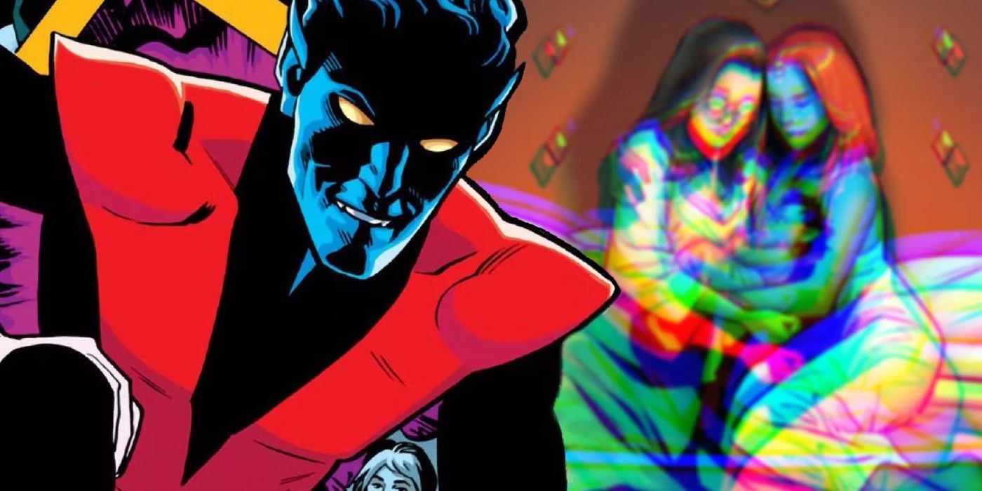 Adult Nightcrawler (foreground) with Destiny and Mystique holding baby Kurt in the background