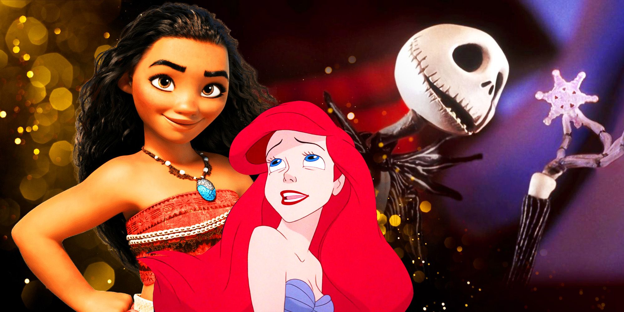 Disney Princesses Moana and Ariel transposed next to The Nightmare Before Christmas' Jack Skellington