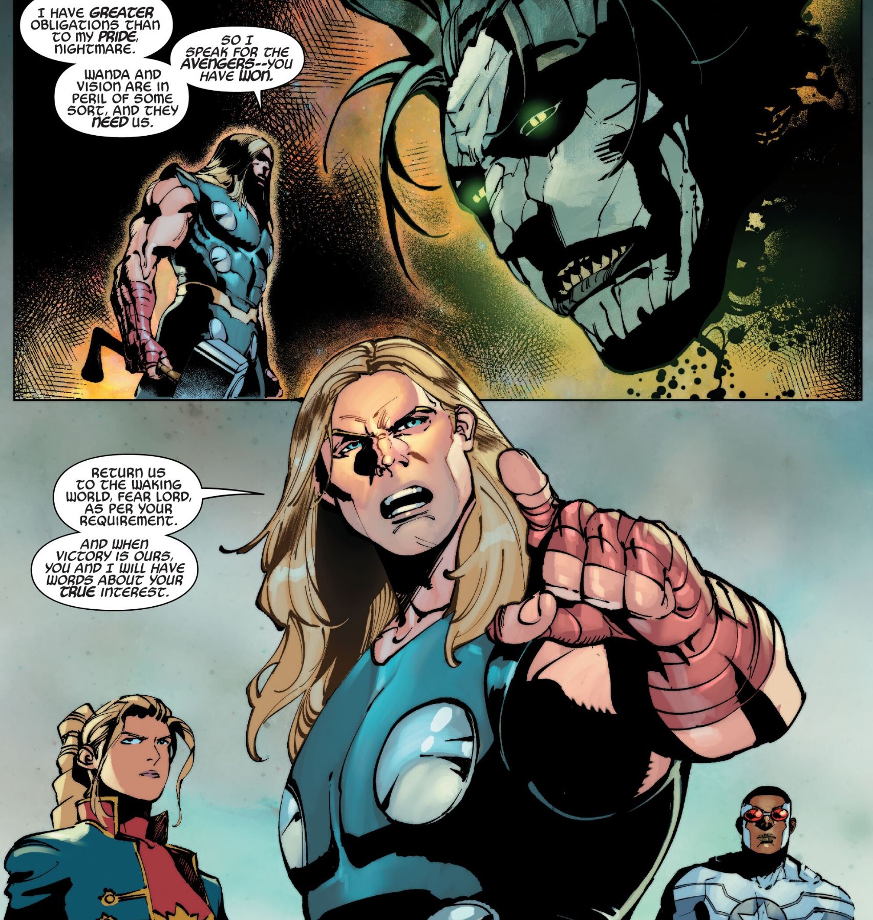 Thor explains to Nightmare that he is happy to cede defeat if it means being able to help his friends.