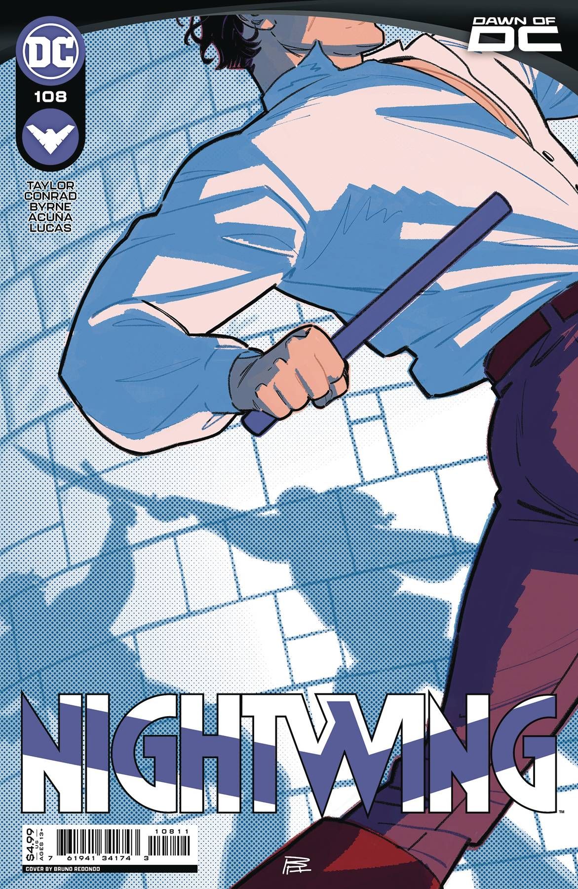 Nightwing 108 Main Cover: A man in a white shirt fights with a blue staff.  Human shadows in the background illustrate the fighting.