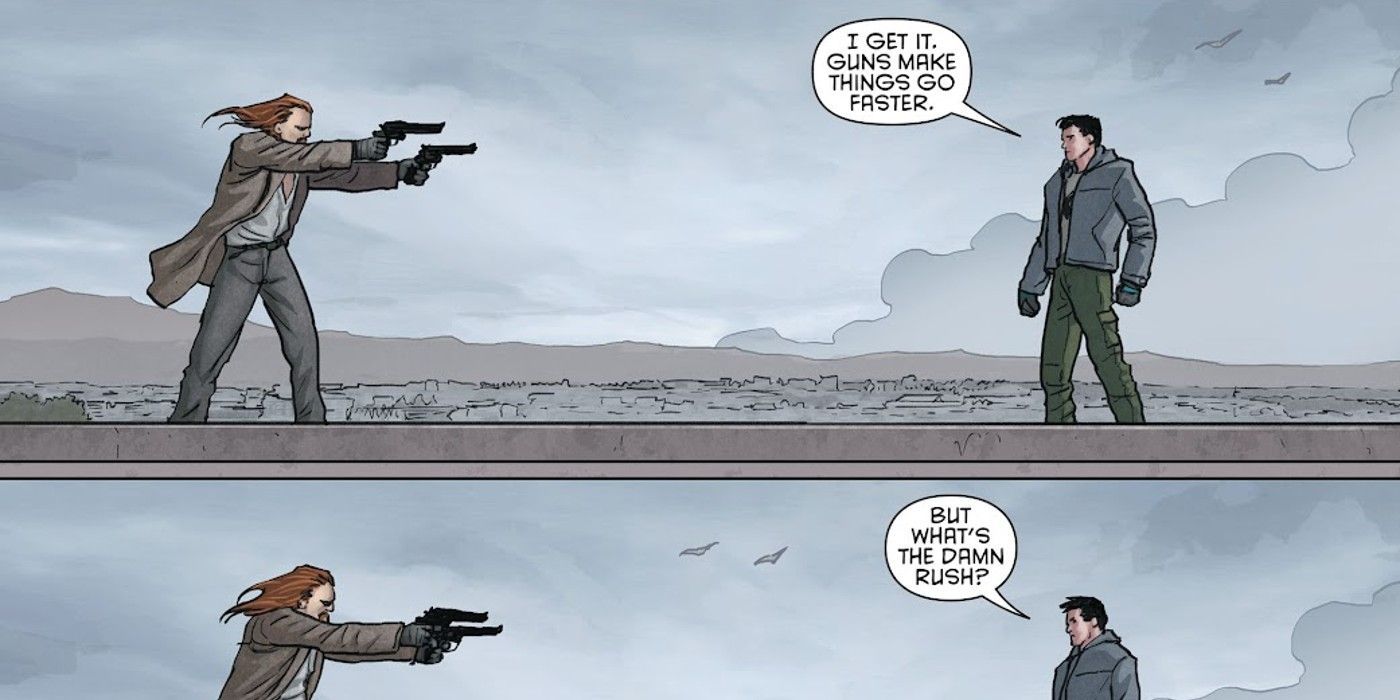 panels from Grayson #3, Dick Grayson and Barton Tate: &ldquo;I know guns make things go faster.&quot;