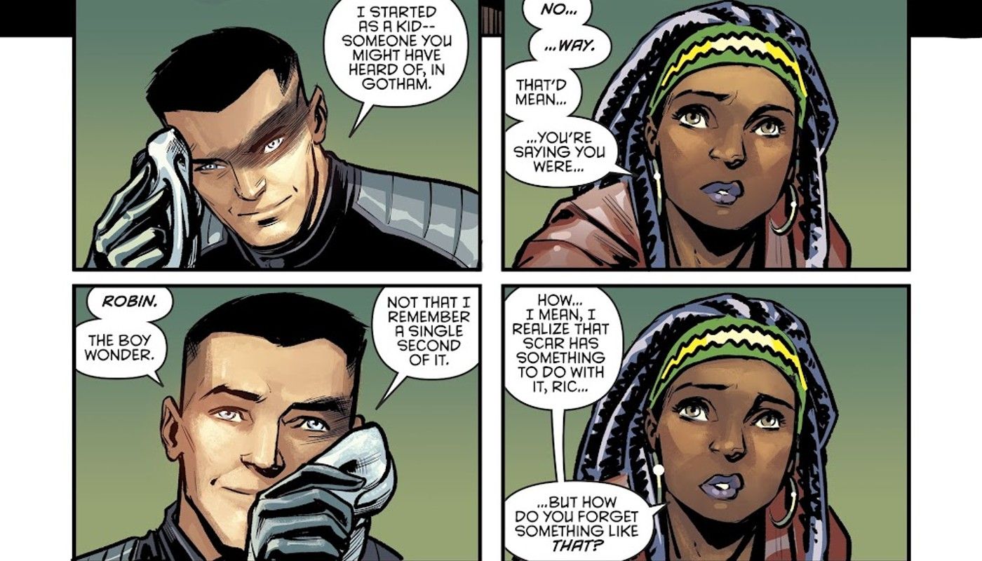 panels from Nightwing #62, Nightwing tells Bea Bennett aka Captain Blud about his past