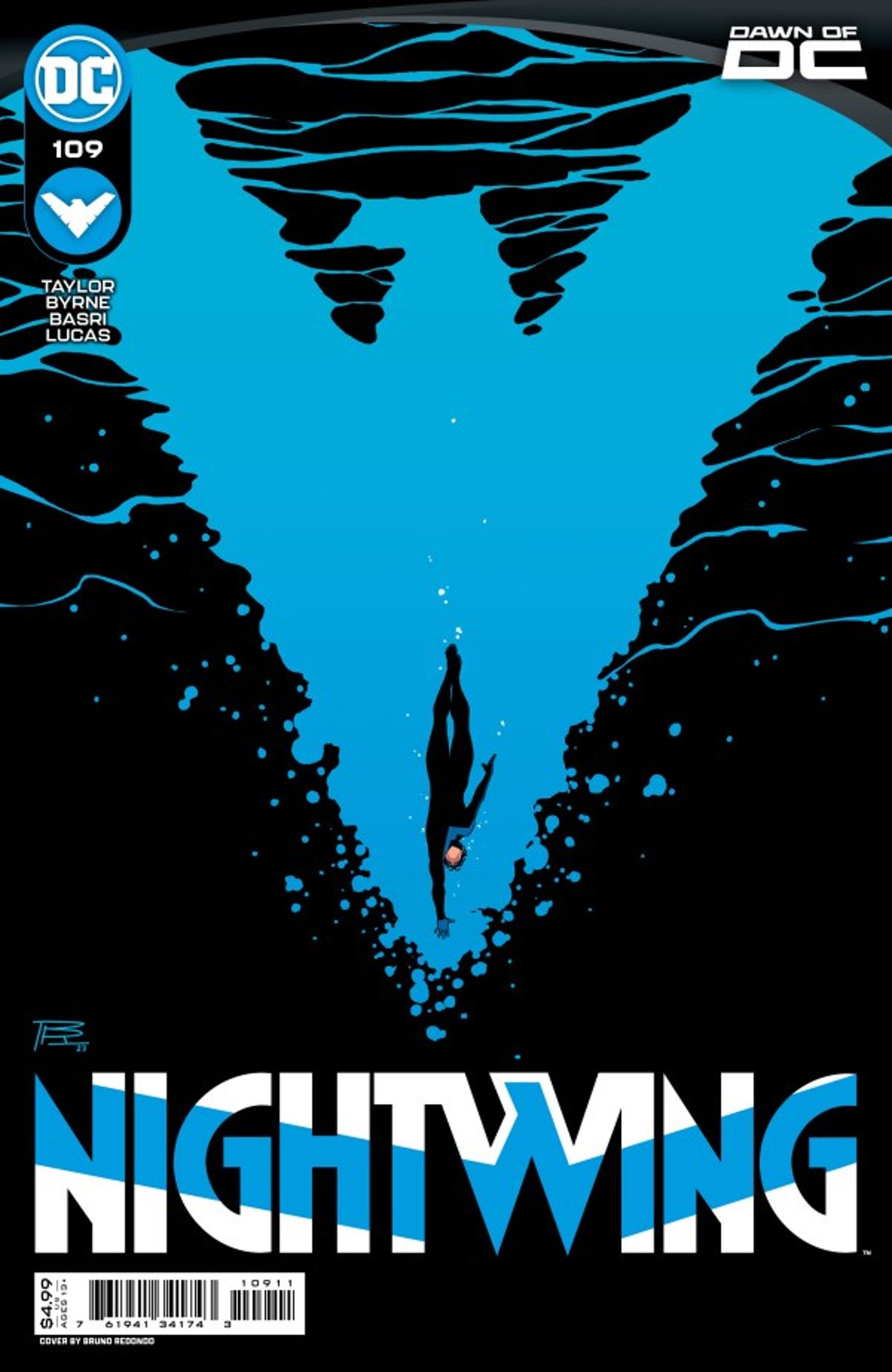 Bruno Redondo main cover for Nightwing #109, Nightwing diving into water.