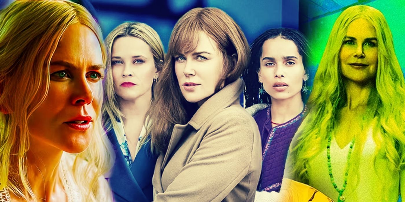 Nicole Kidman as Masha and the cast of Big Little Lies in the center, Reese Witherspoon as Madeline, Kidman as Celeste and Zoe Kravitz as Bonnie