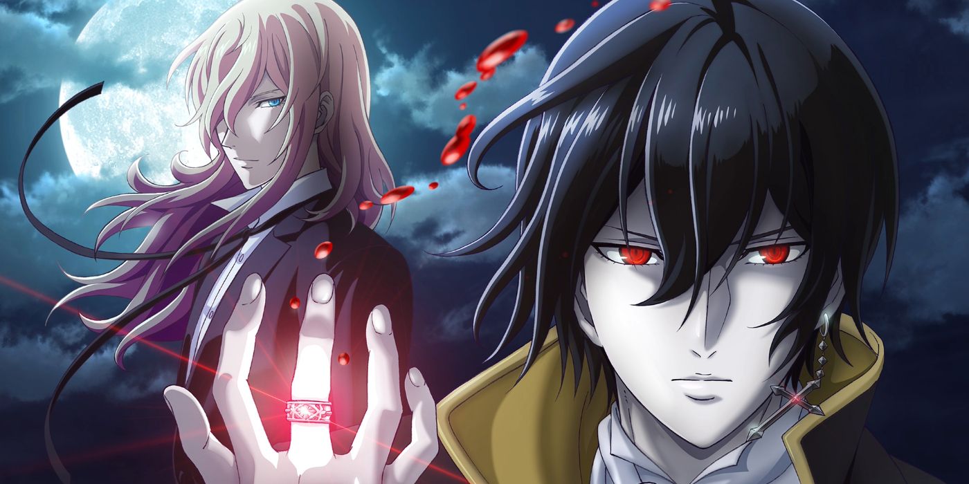 Noblesse official art featuring Rai with a shining ring, controlling blood, inn front of Frankenstein watchinng over him