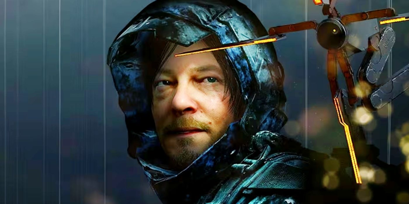 Norman Reedus como Sam Porter Bridges com um dispositivo nas costas em Death Stranding.