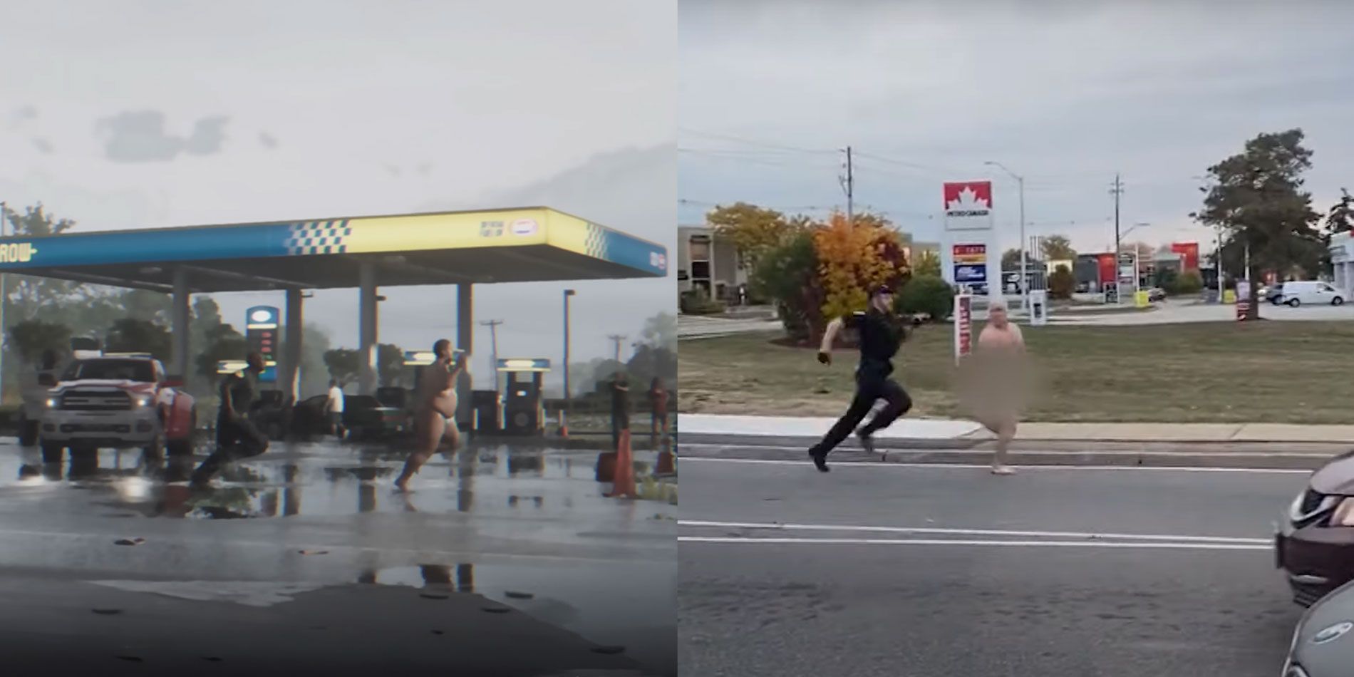 Police officer chasing down a man from the GTA trailer. 