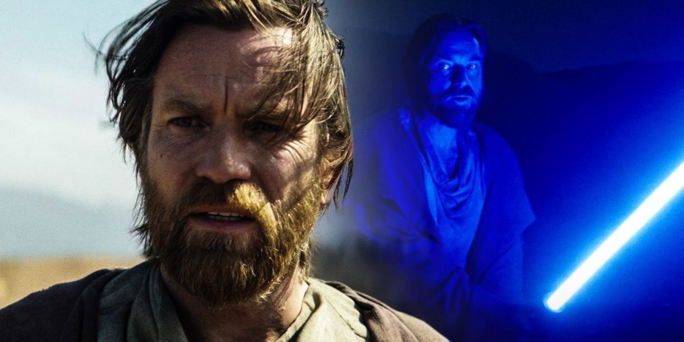 Two images of Obi-Wan Kenobi: one in the desert, one with his blue lightsaber.