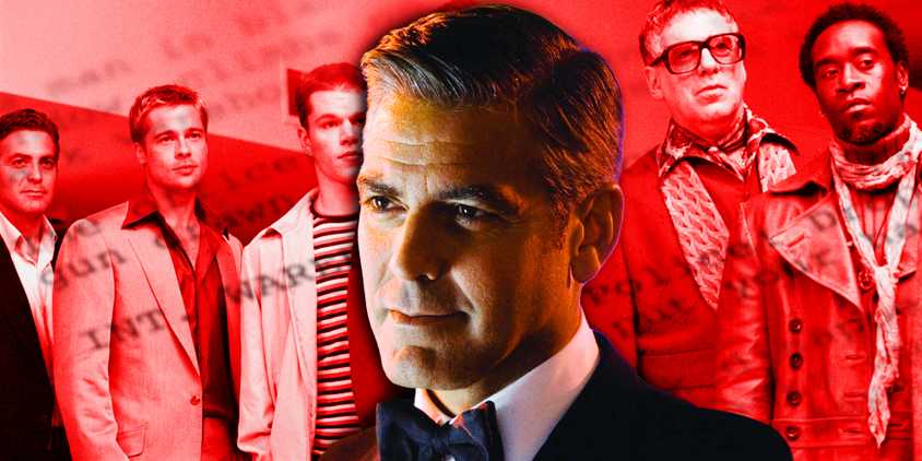 George Clooney as Danny Ocean with the rest of the Ocean's 11 cast in the background