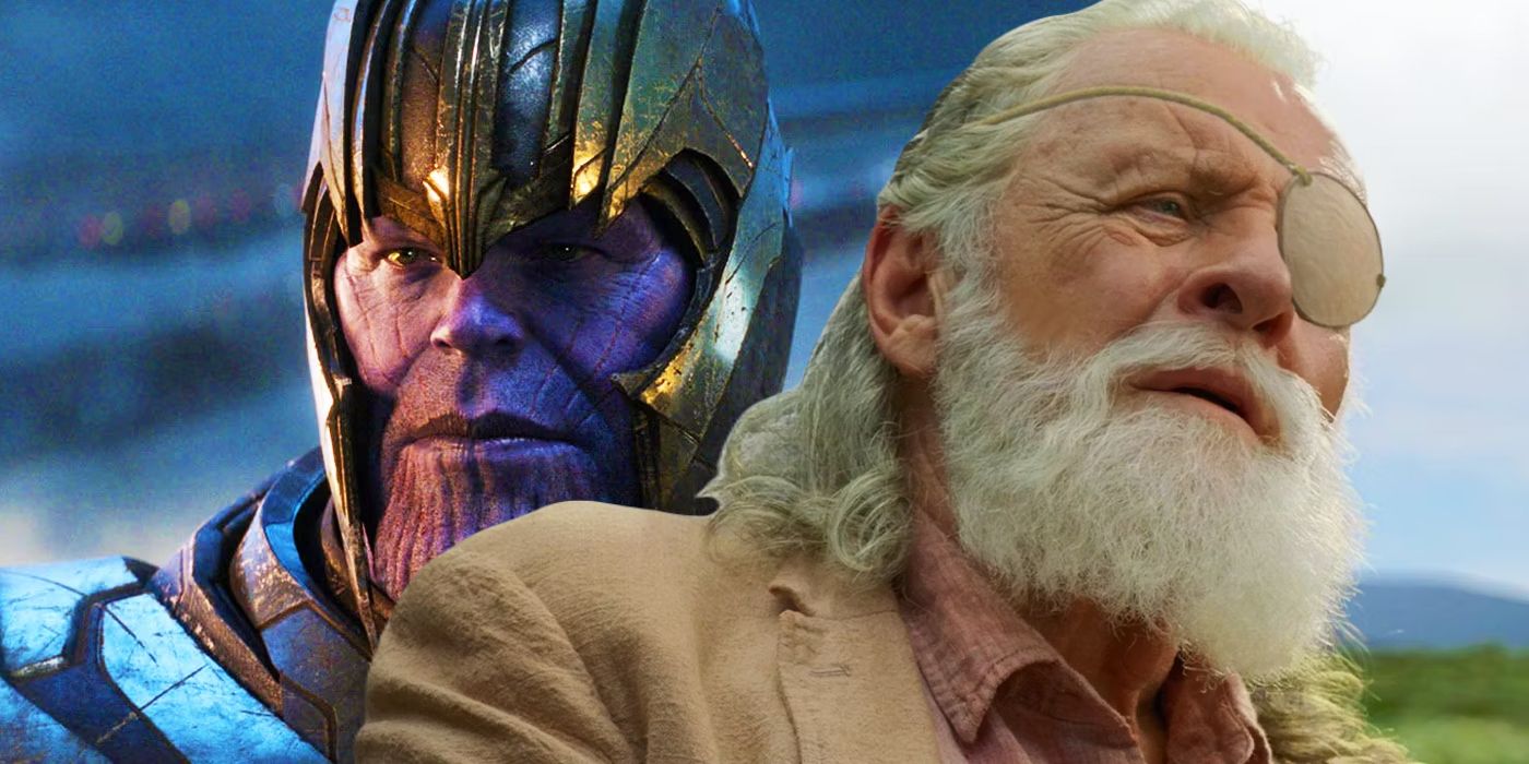 Split image of Odin (Anthony Hopkins) looking into the distance  and Thanos (Josh Brolin) in his armor