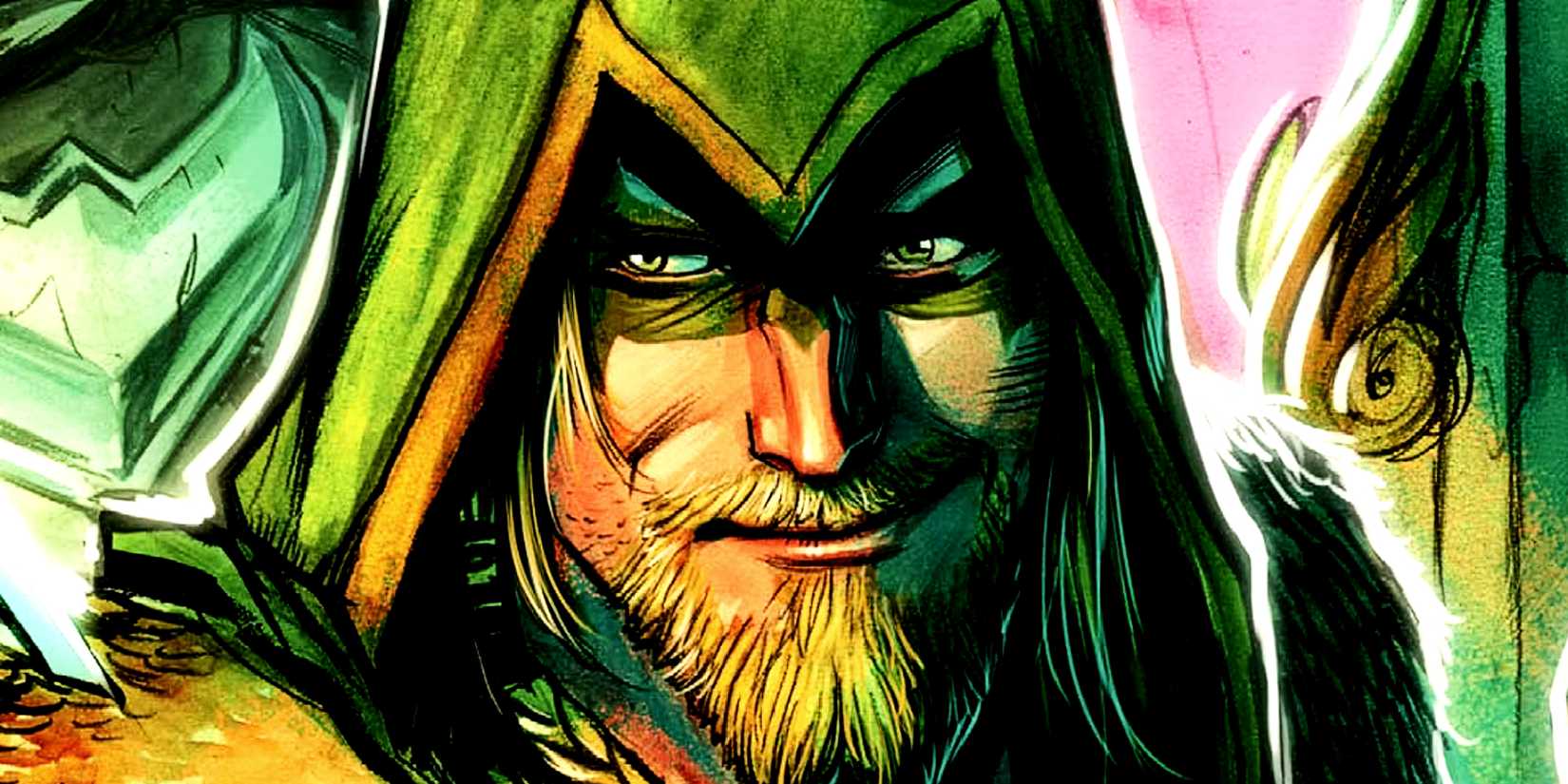 Comic book art: Close up of Oliver Queen, a.k.a. Green Arrow, with a subtle smirk on his face.