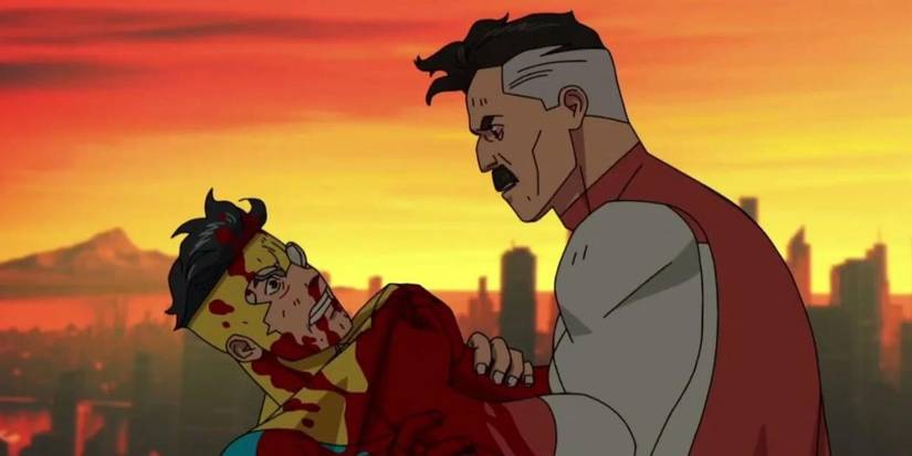 Omni-Man holds a bloody Mark by his shirt while the sun sets in Invincible