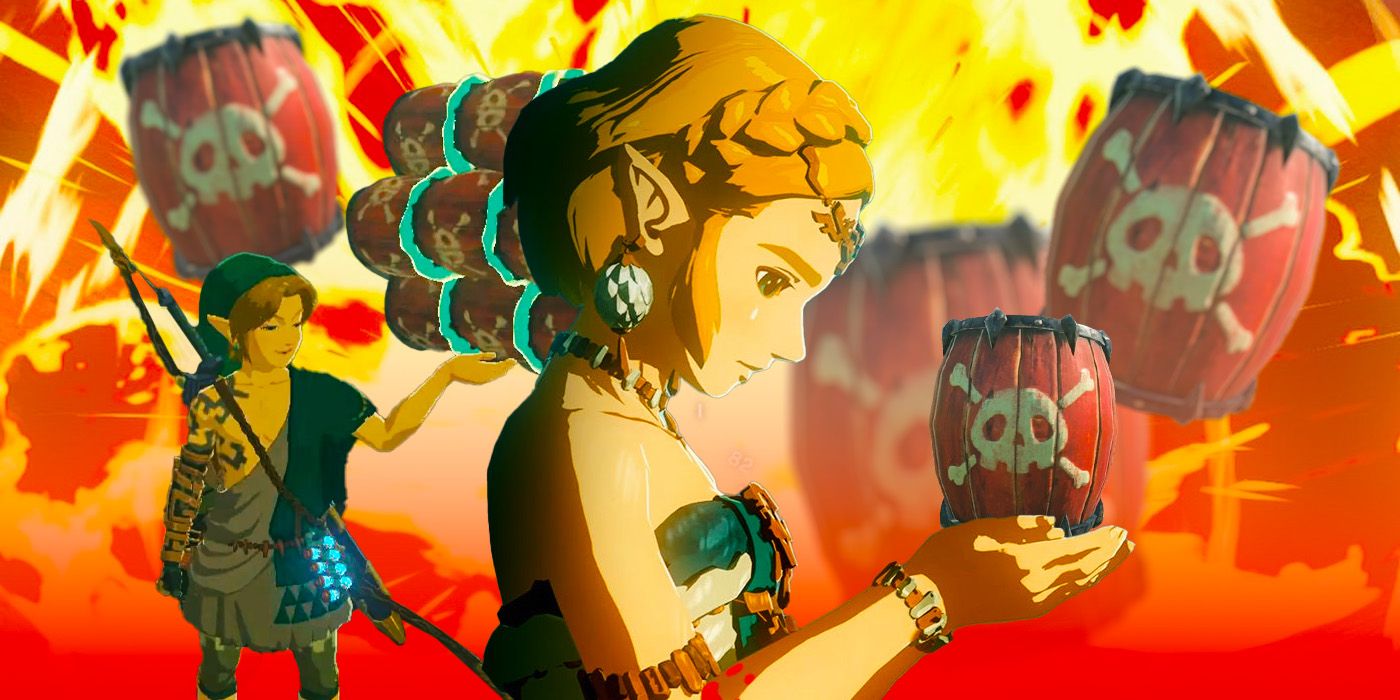 Composite image of Link and Zelda from The Legend Of Zelda: Tears of the Kingdom posing with red explosive barrels.