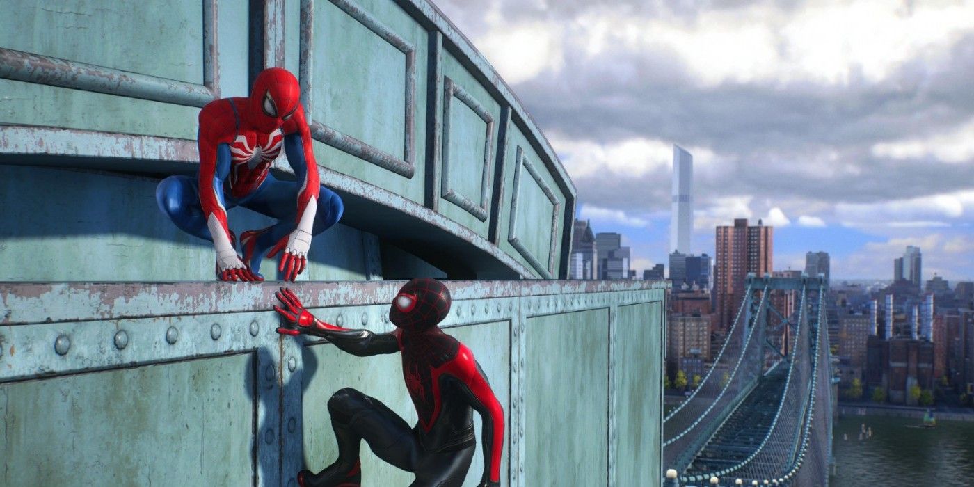 Peter Parker e Miles Morales da ponte de escalada do Homem-Aranha 2 da Marvel